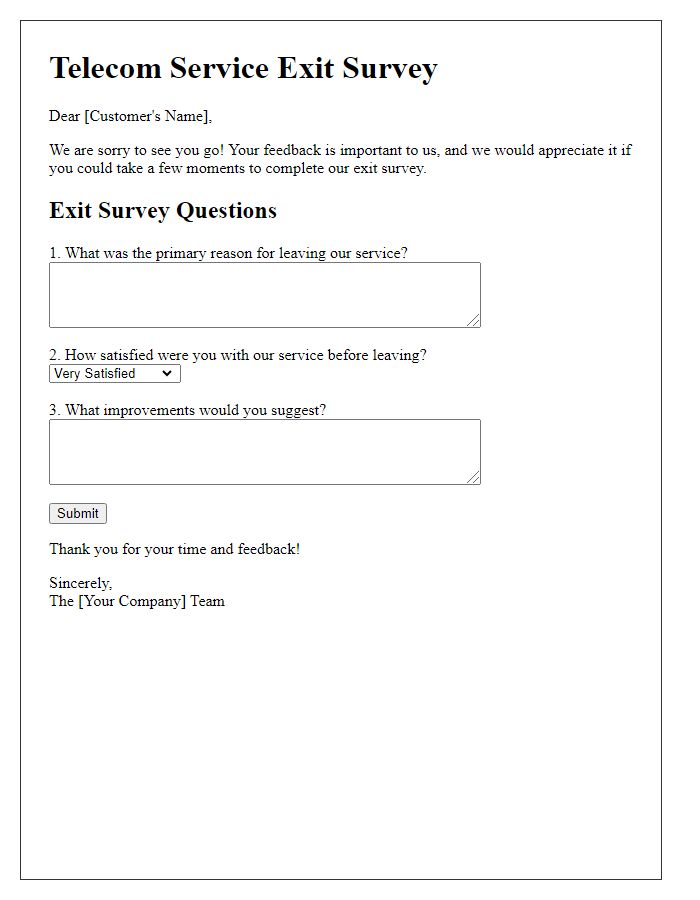 Letter template of telecom service exit survey