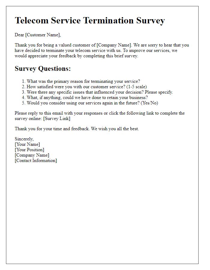 Letter template of telecom service termination survey