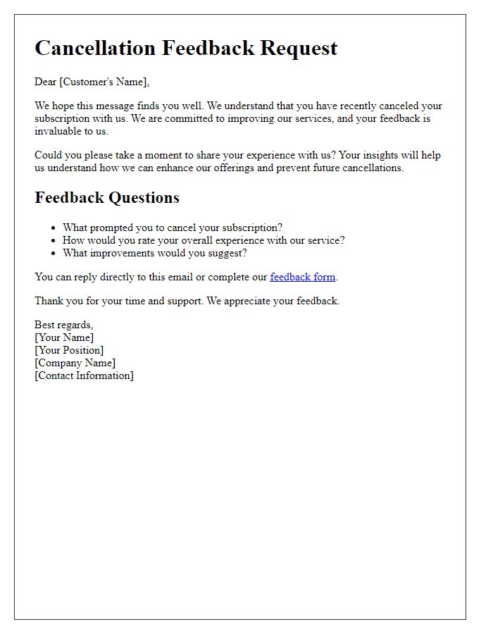 Letter template of telecom subscription cancellation feedback request