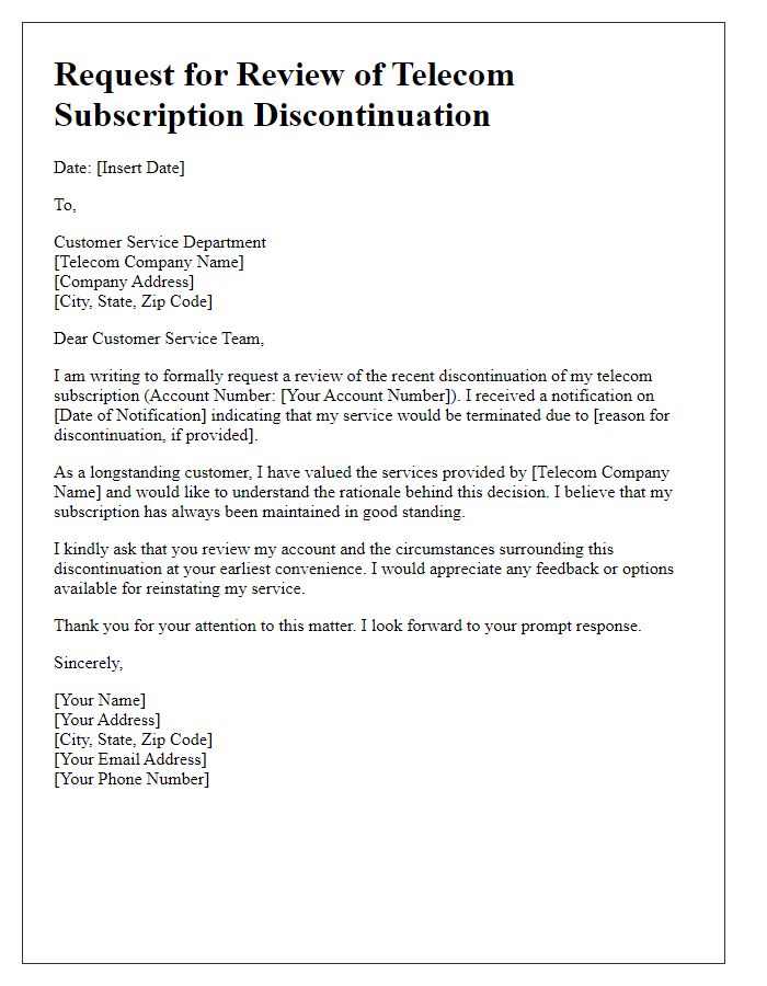 Letter template of telecom subscription discontinuation review request