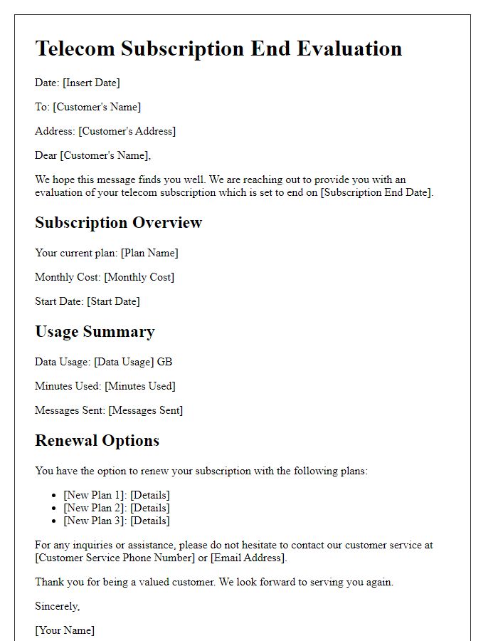 Letter template of telecom subscription end evaluation