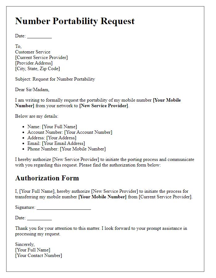 Letter template of telecom number portability request with authorization form