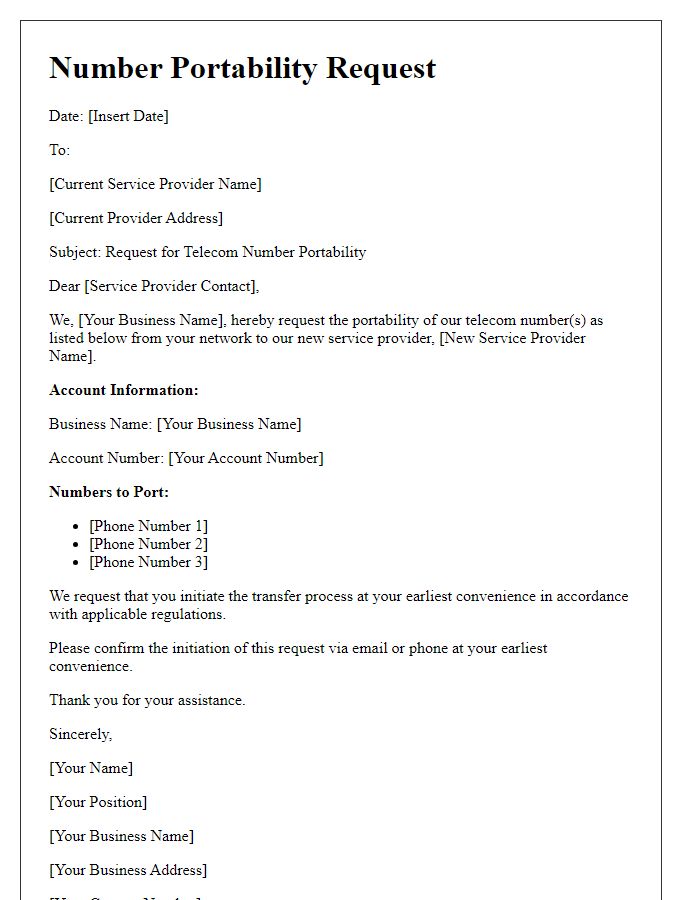 Letter template of telecom number portability request for business accounts