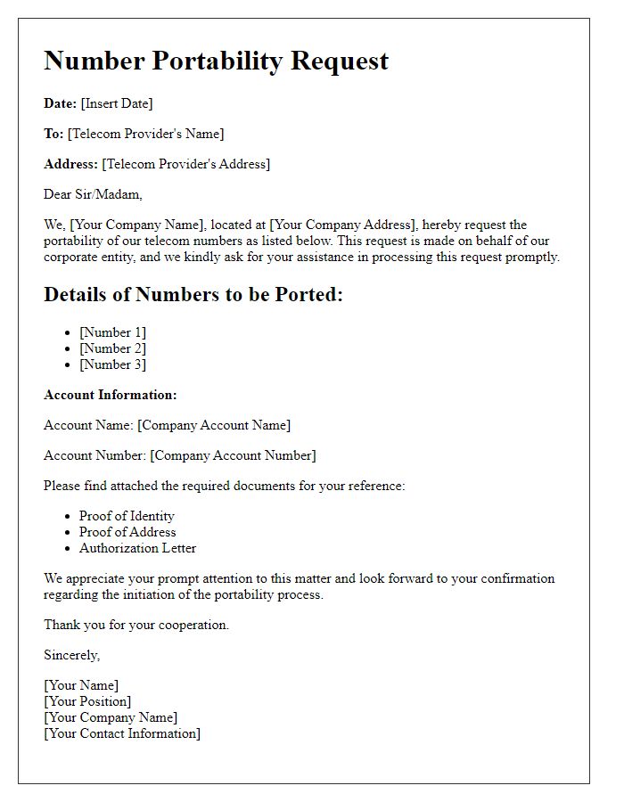 Letter template of telecom number portability request for corporate clients