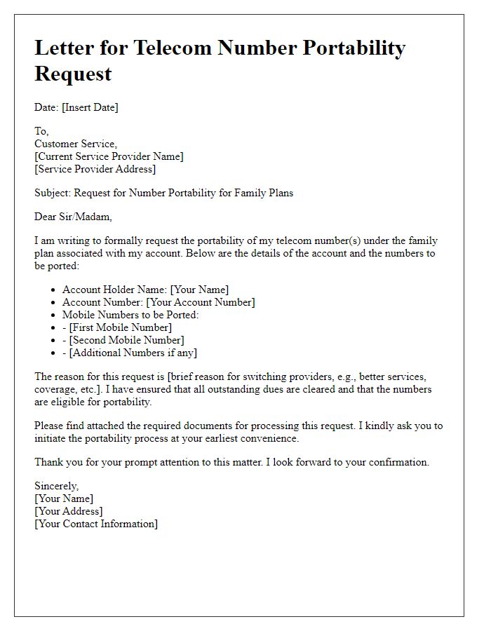 Letter template of telecom number portability request for family plans