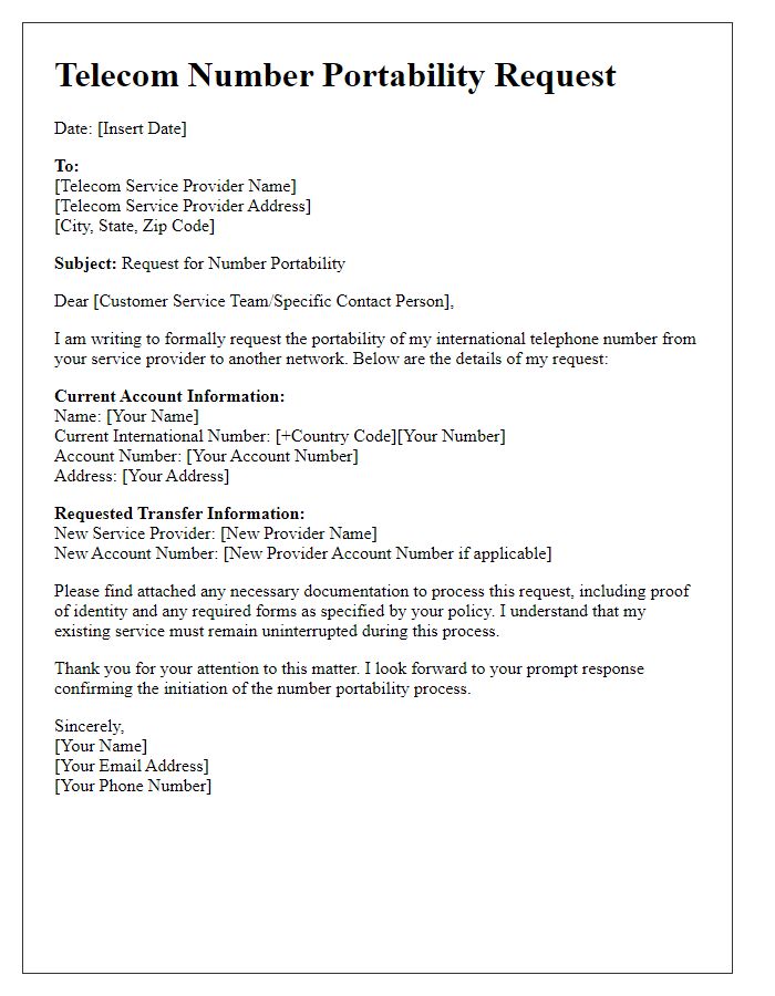 Letter template of telecom number portability request for international numbers