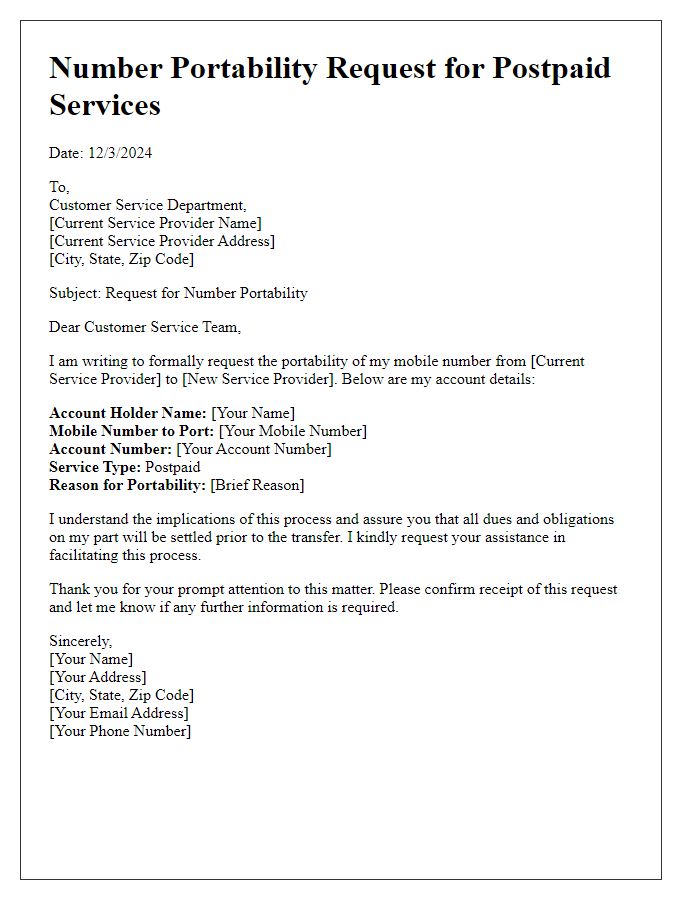 Letter template of telecom number portability request for postpaid services