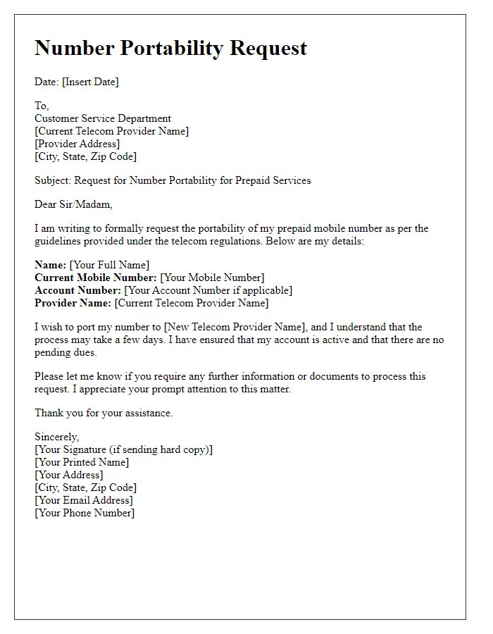 Letter template of telecom number portability request for prepaid services