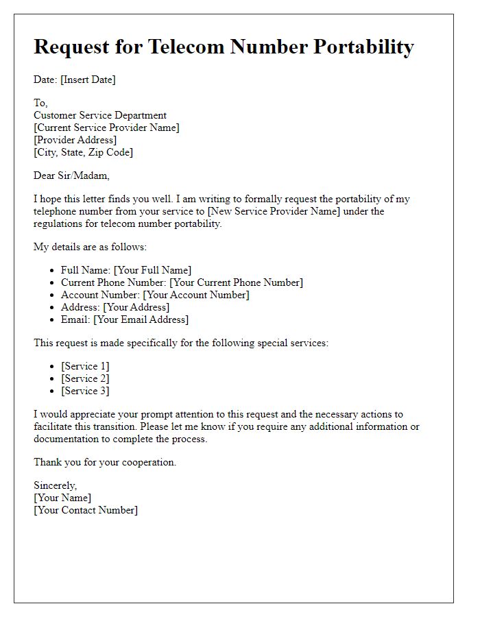 Letter template of telecom number portability request for special services