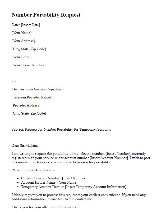 Letter template of telecom number portability request for temporary accounts