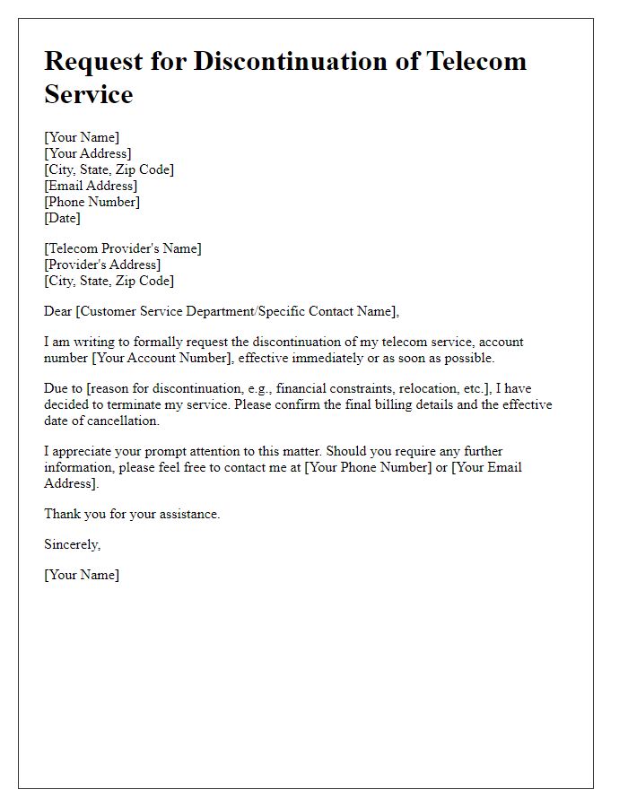 Letter template of request for brief telecom service discontinuation