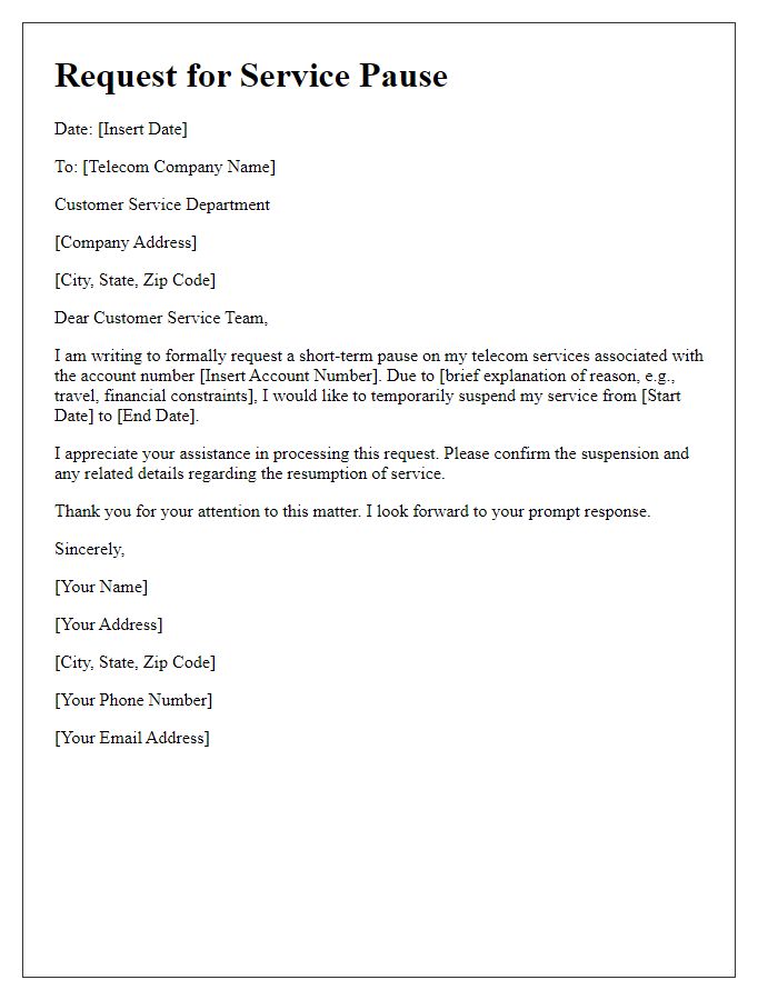 Letter template of request for short-term telecom service pause