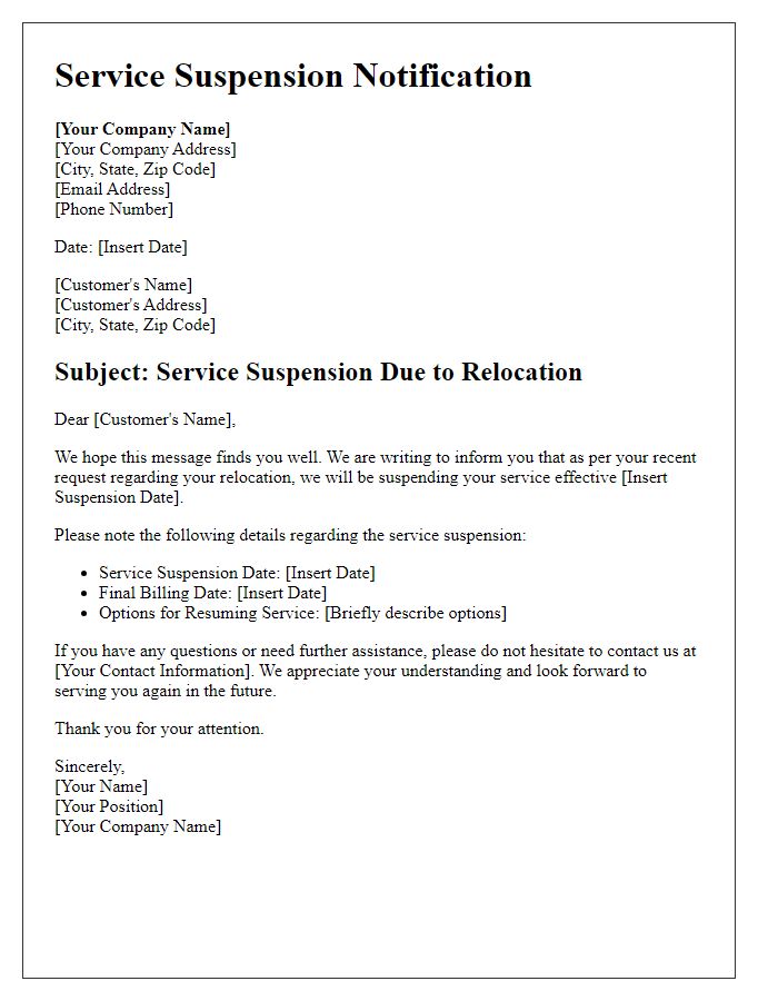 Letter template of service suspension for relocation