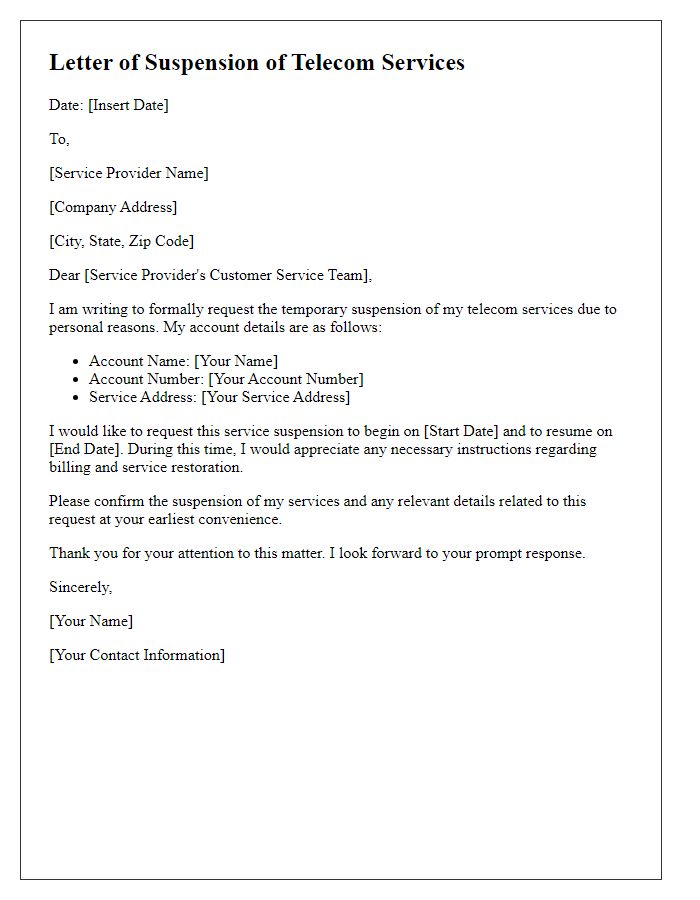 Letter template of suspension of telecom services for personal reasons