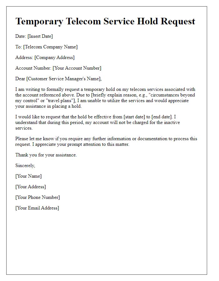 Letter template of temporary telecom service hold request
