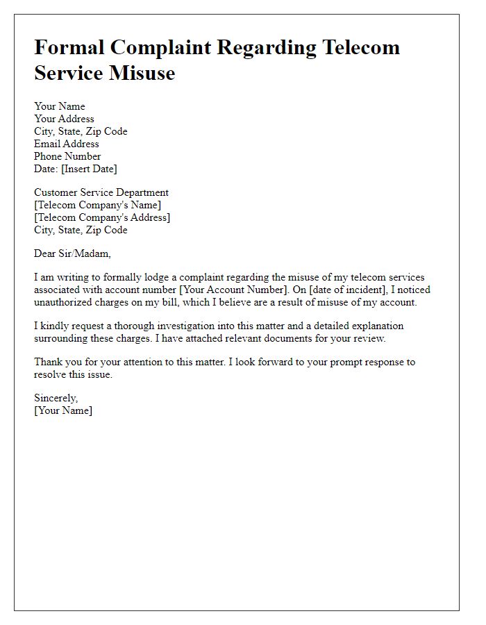 Letter template of formal complaint regarding telecom service misuse.