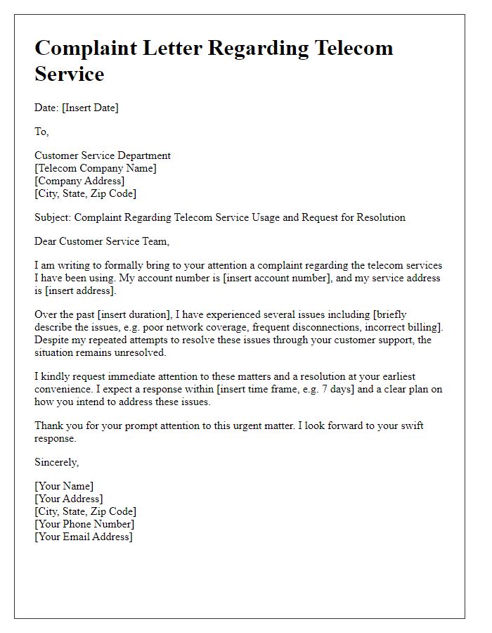 Letter template of telecom service usage complaint and resolution request.