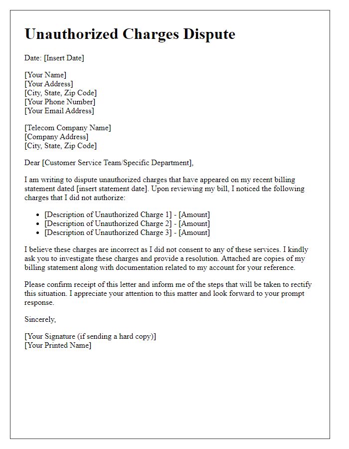 Letter template of unauthorized charges dispute for telecom services.