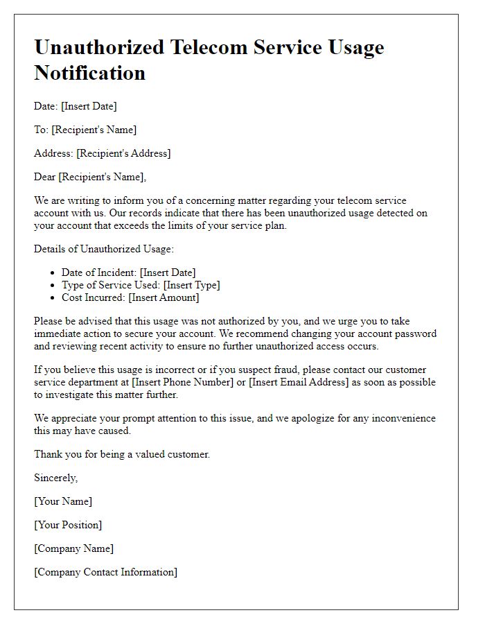 Letter template of unauthorized telecom service usage notification.