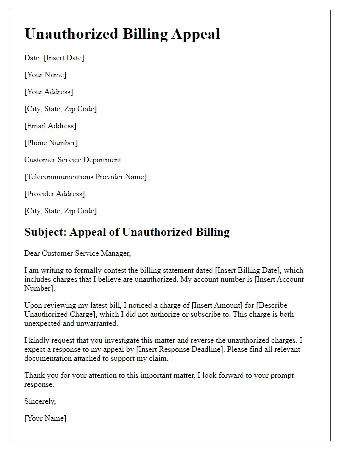 Letter template of unauthorized telecommunications billing appeal.