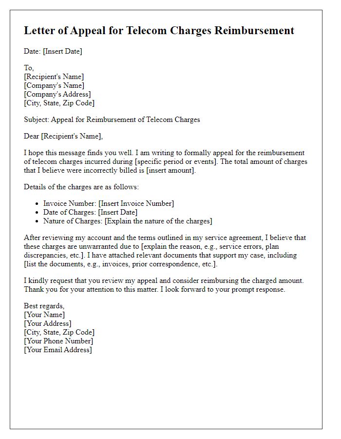 Letter template of appeal for telecom charges reimbursement