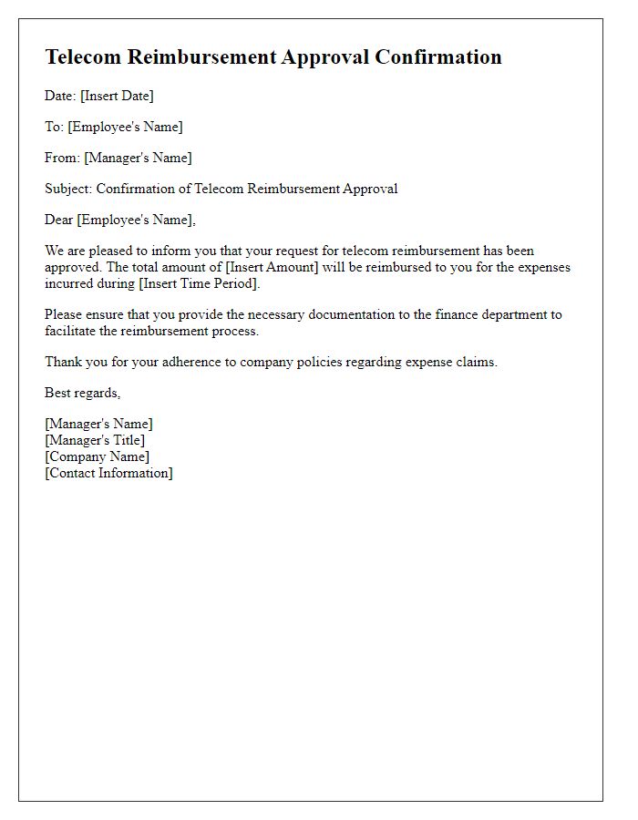 Letter template of confirmation for approved telecom reimbursement