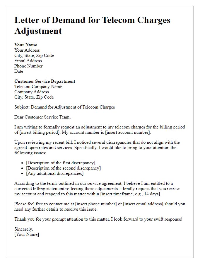 Letter template of demand for telecom charges adjustment