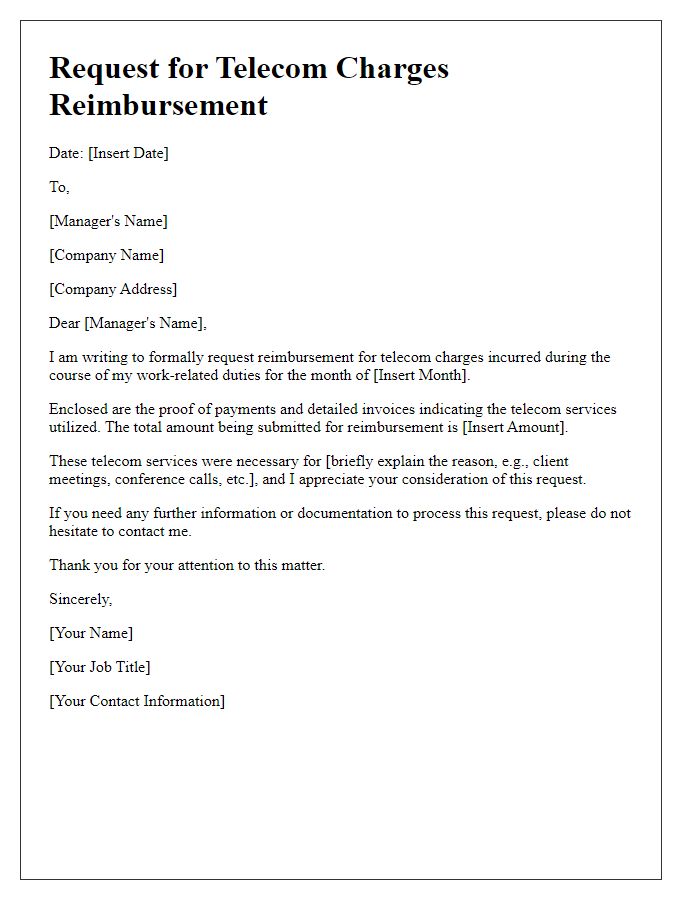 Letter template of request for telecom charges reimbursement