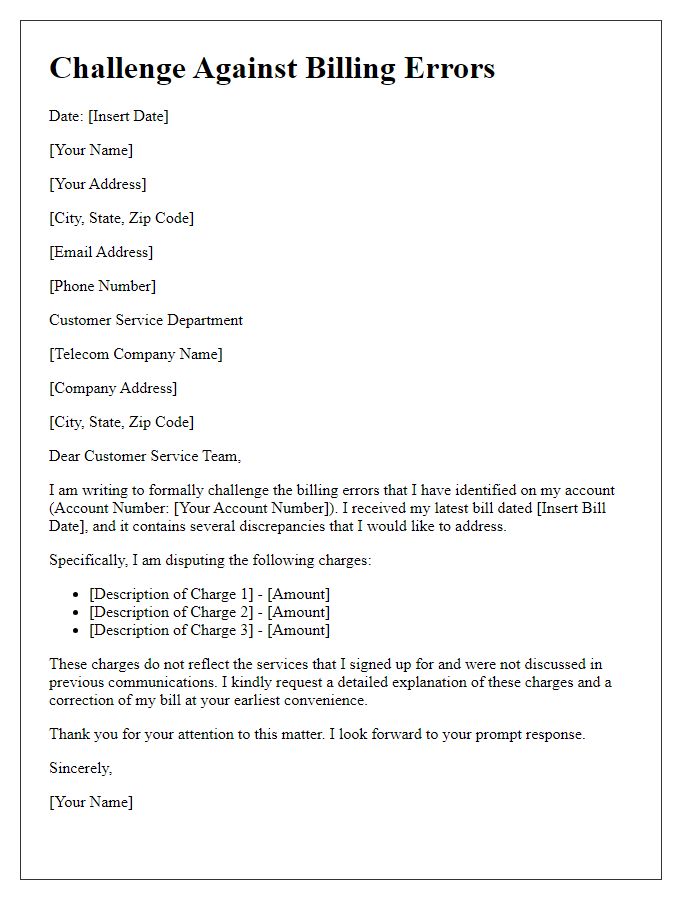 Letter template of challenge against billing errors on telecom account.