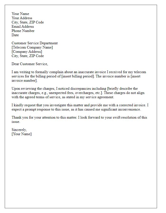 Letter template of complaint regarding inaccurate telecom invoice.