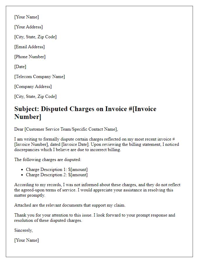 Letter template of disputed telecom charges due to incorrect billing.