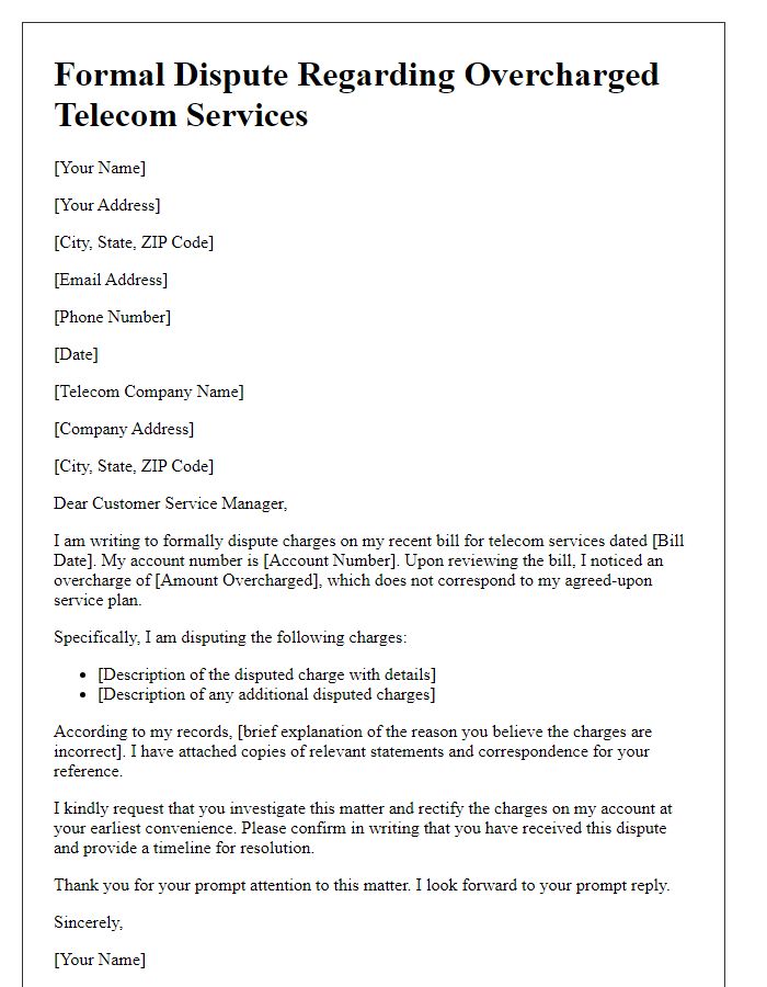 Letter template of formal dispute regarding overcharged telecom services.