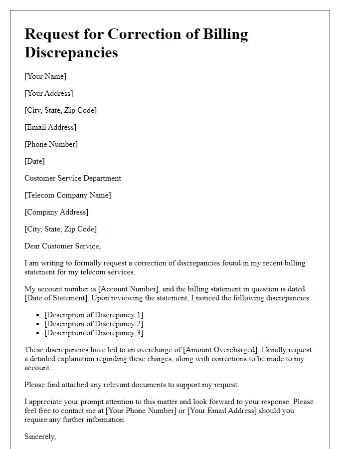 Letter template of request for correction of billing discrepancies in telecom services.