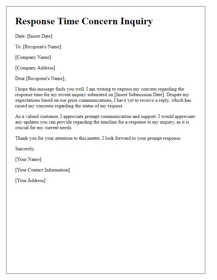 Letter template of telecom response time concern for inquiry
