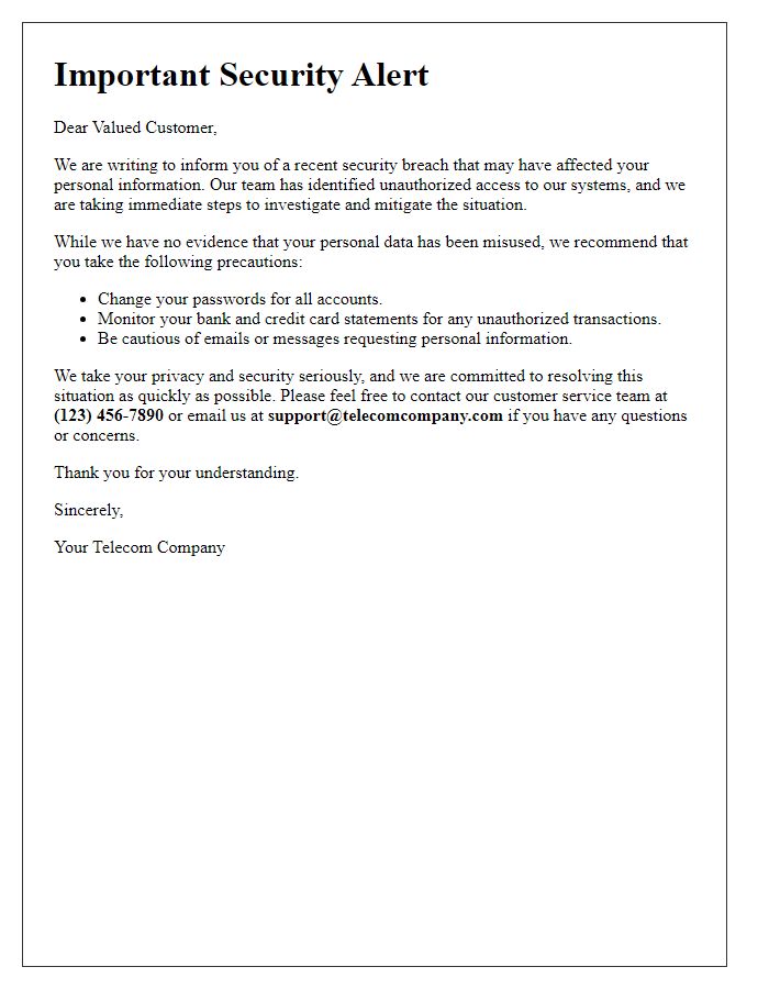 Letter template of telecom security breach alert to customers.