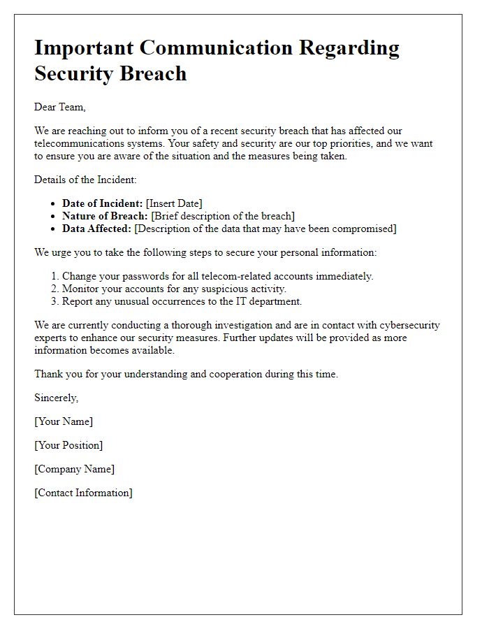 Letter template of telecom security breach communication to employees.