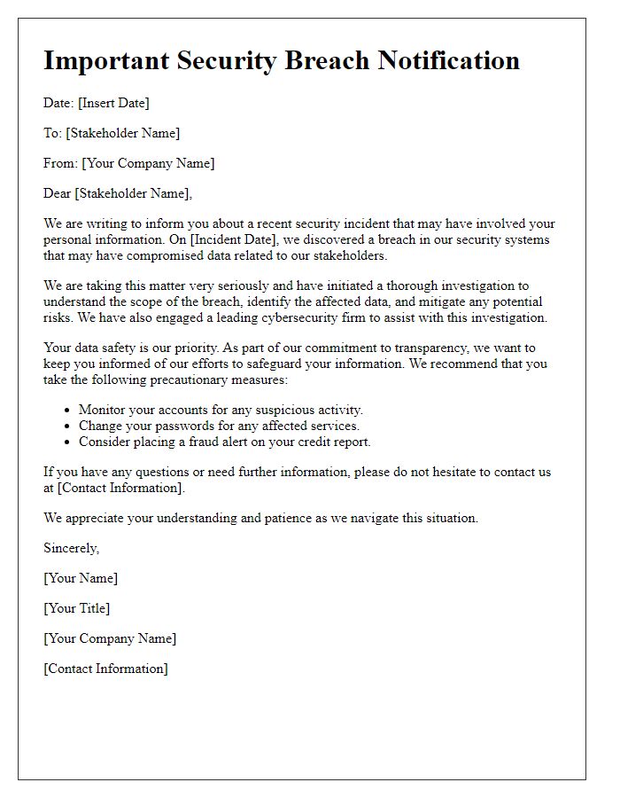 Letter template of telecom security breach notice for stakeholders.