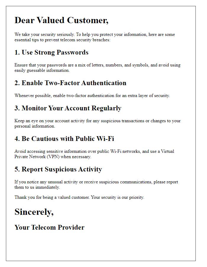 Letter template of telecom security breach prevention tips for customers.