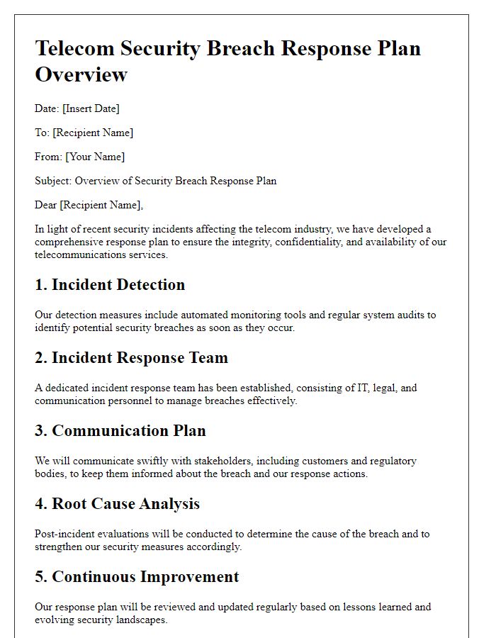 Letter template of telecom security breach response plan overview.