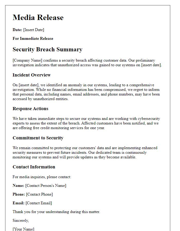 Letter template of telecom security breach summary for media release.