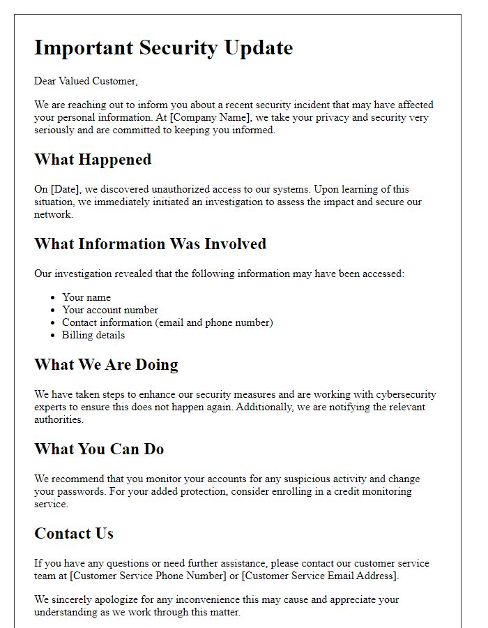 Letter template of telecom security breach update for affected users.