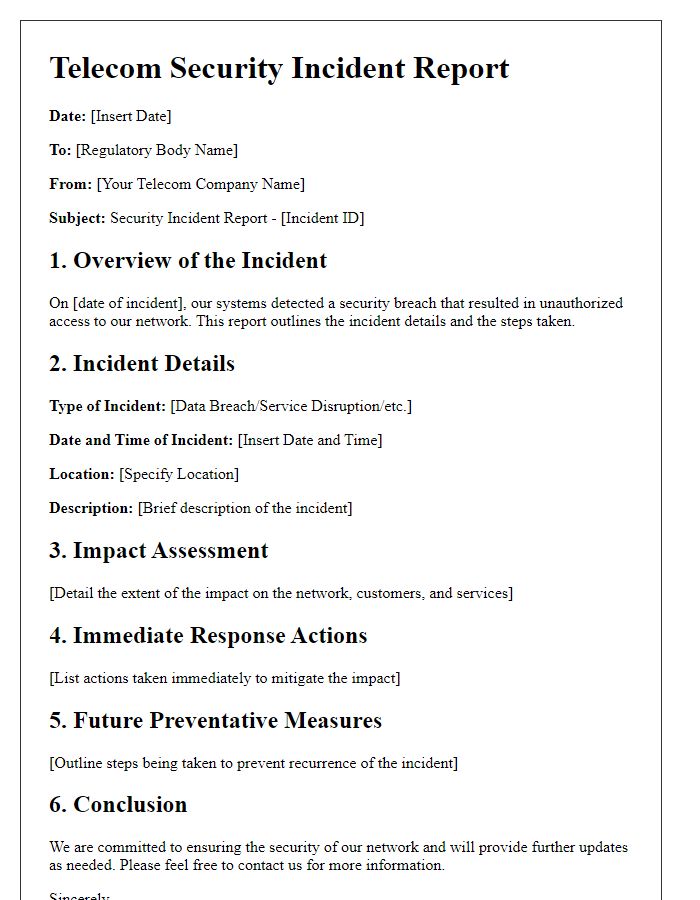 Letter template of telecom security incident report for regulatory bodies.