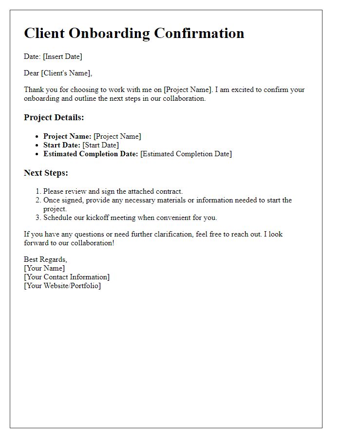 Letter template of client onboarding confirmation for freelancers