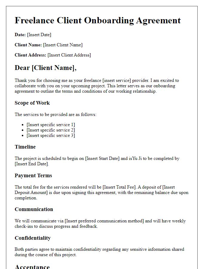 Letter template of freelance client onboarding agreement