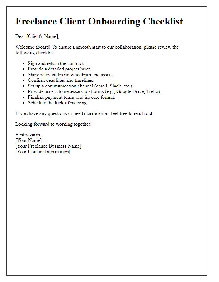 Letter template of freelance client onboarding checklist