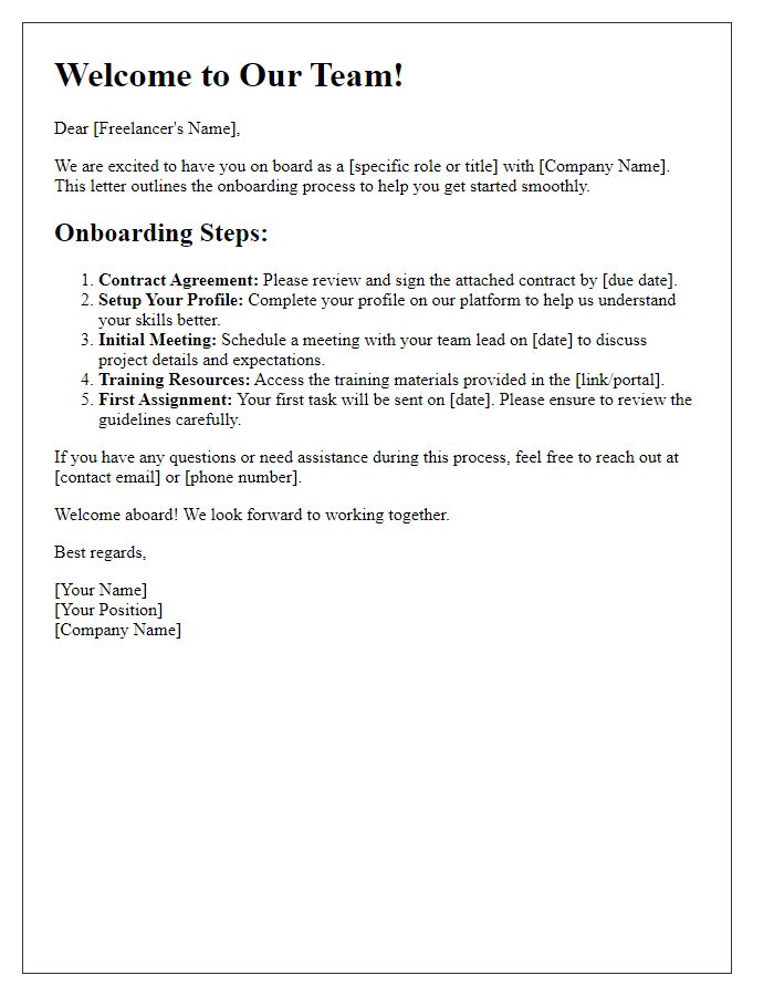 Letter template of onboarding process for freelance work