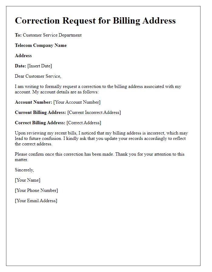 Letter template of correction request for telecom billing address errors