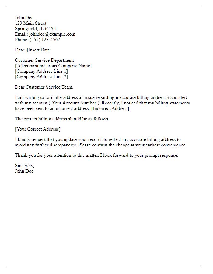 Letter template of inaccurate billing address complaint in telecommunications