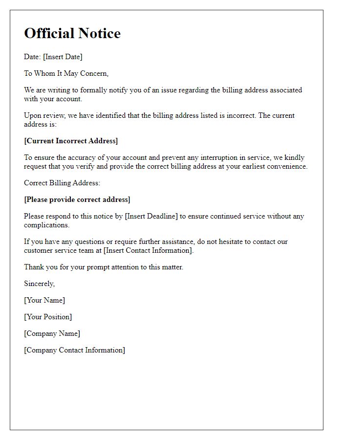 Letter template of official notice for telecom billing address errors
