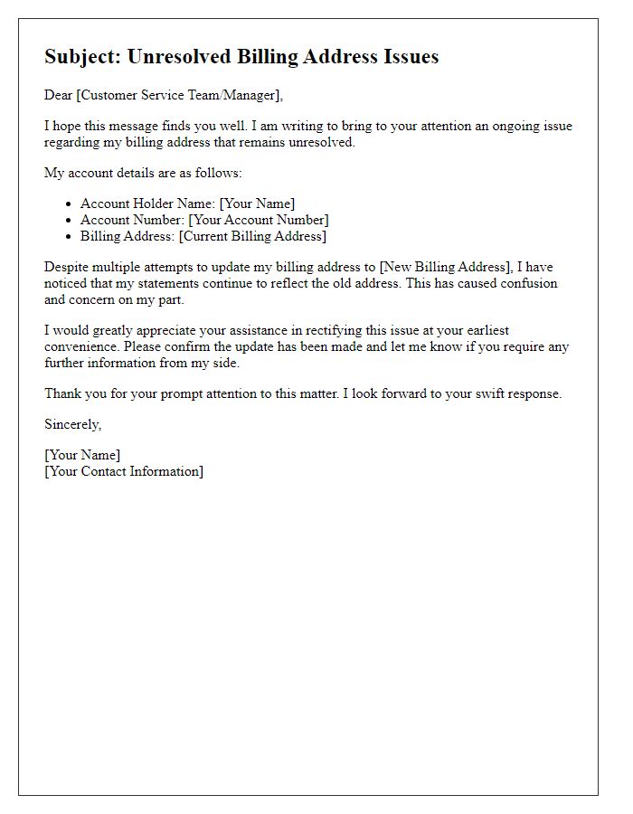 Letter template of unresolved billing address issues in telecom